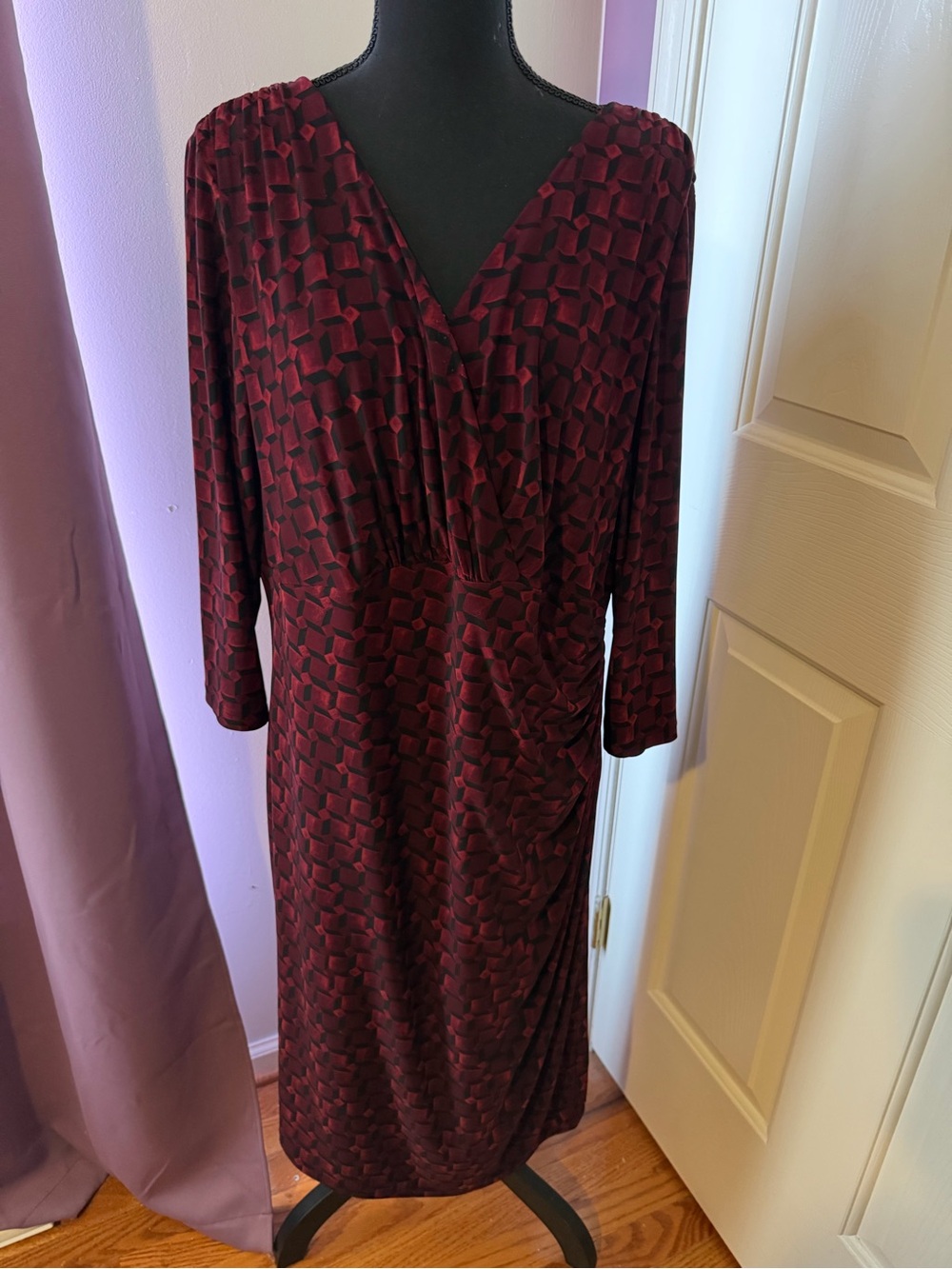 Lauren Ralph Lauren Red Black Geometric Ruched Dress 16W